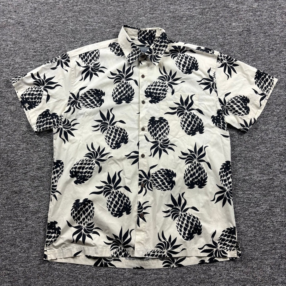Vintage 90s High Seas‎ White/Black Tropical Pineapple Button Up Shirt Size Large